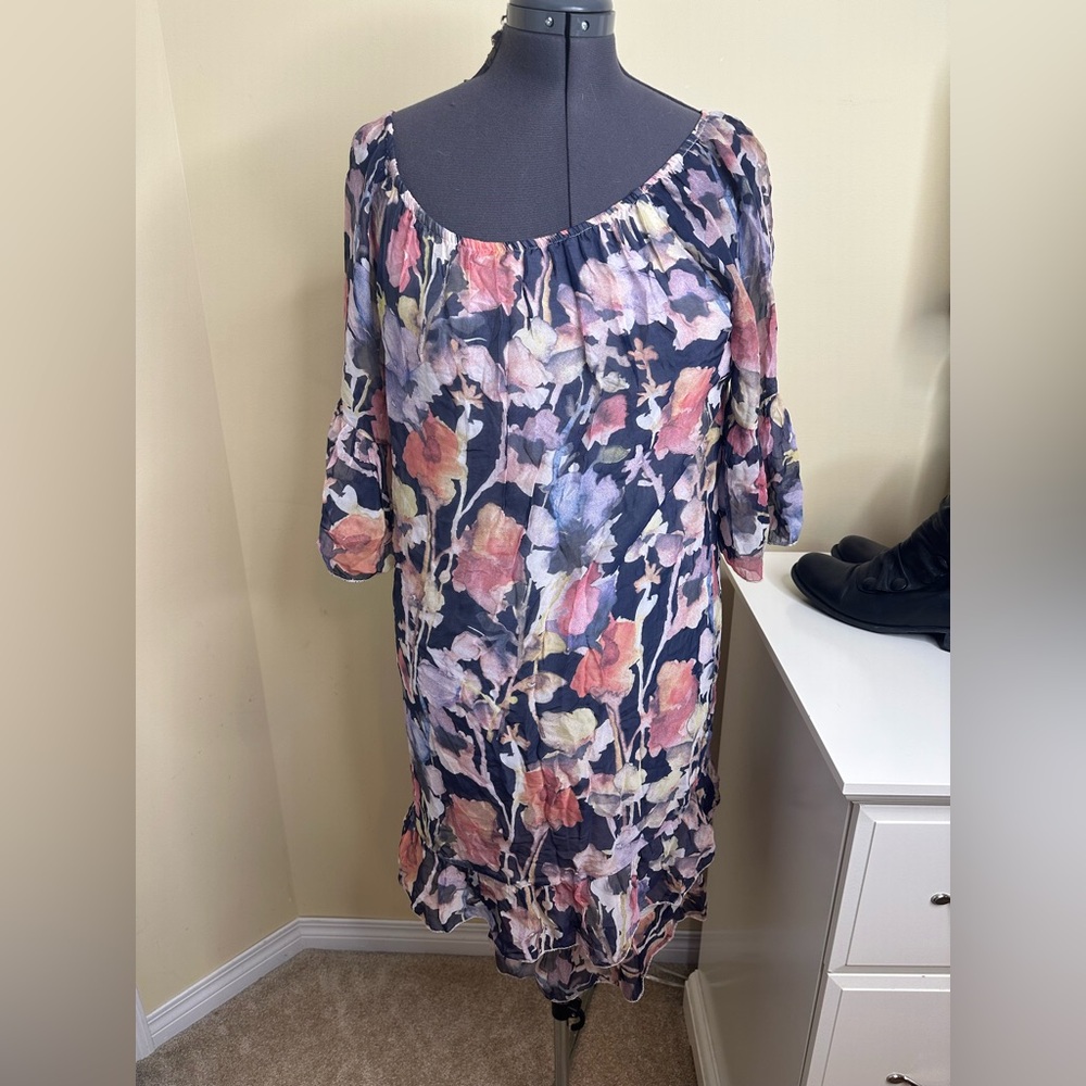 Via Signoria Floral Off-Shoulder Dress viscose and silk size small